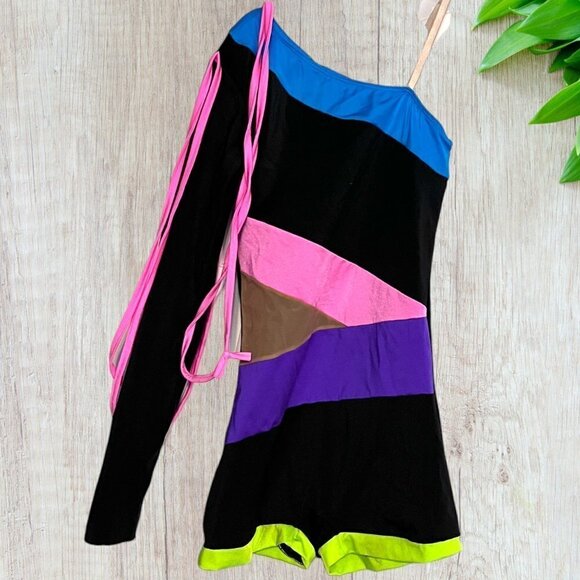 DANSCO 80's Neon Pink Green Mesh Black Straps Lyrical Dance Jazz Acro Costume - Picture 2 of 4